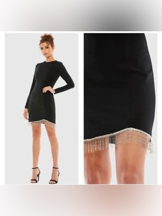 Mac Duggal Dresses & Skirts - Mac Duggal 26679 Black Long
Sleeved Asymmetrical Beaded
Hem Fringe Mini NWT 2